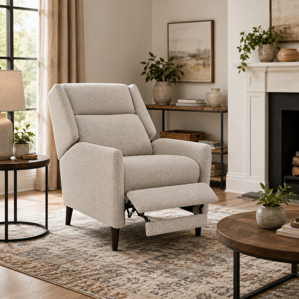 Cien Pushback Recliner Chair with High Back & Tapered Legs | Beige Fabric