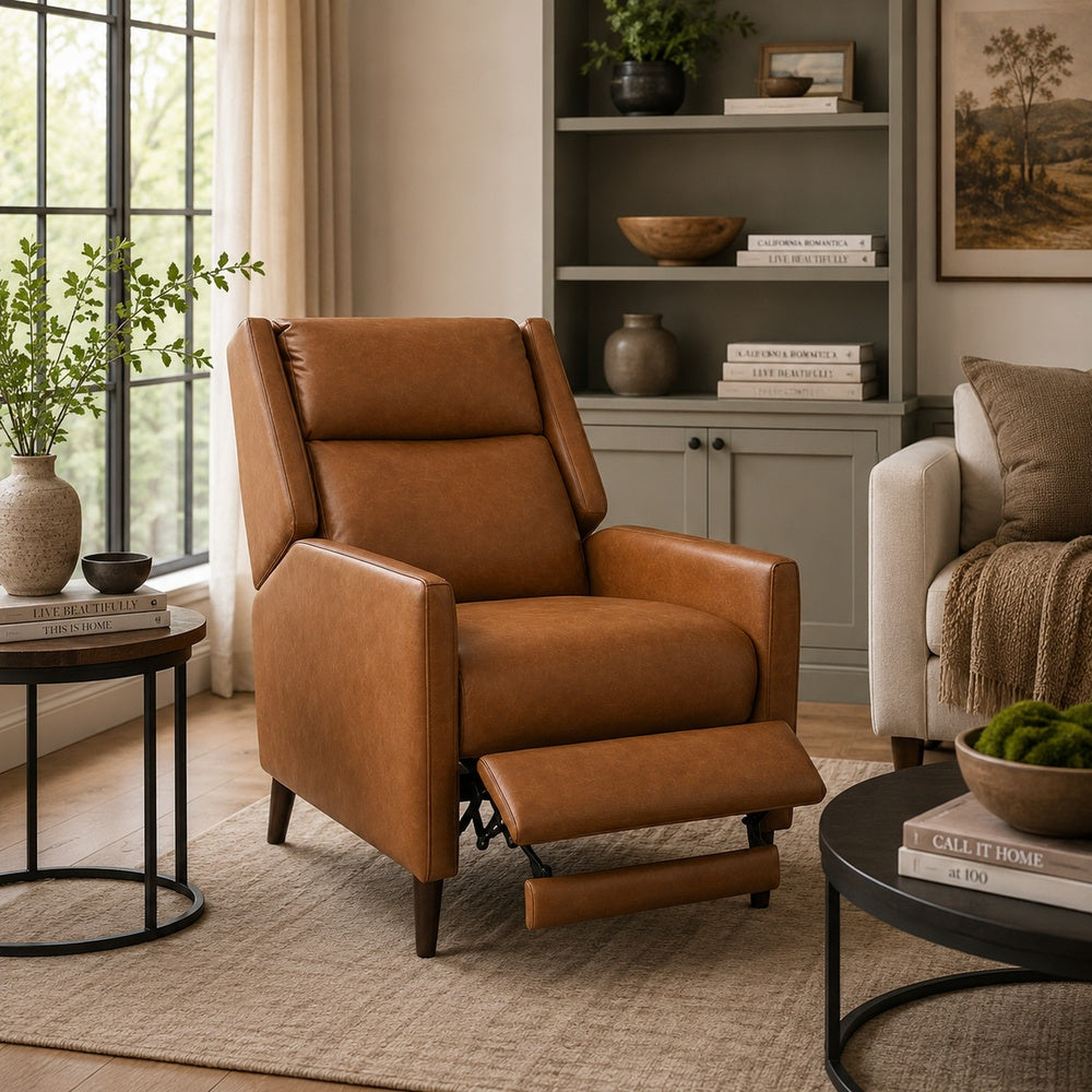 Cien Pushback Recliner Chair | High Back & Tapered Legs | Brown Faux-Leather