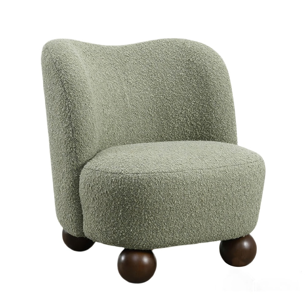 Dave Armless Accent Chair with Wooden Ball Feet | Green Boucle Fabric