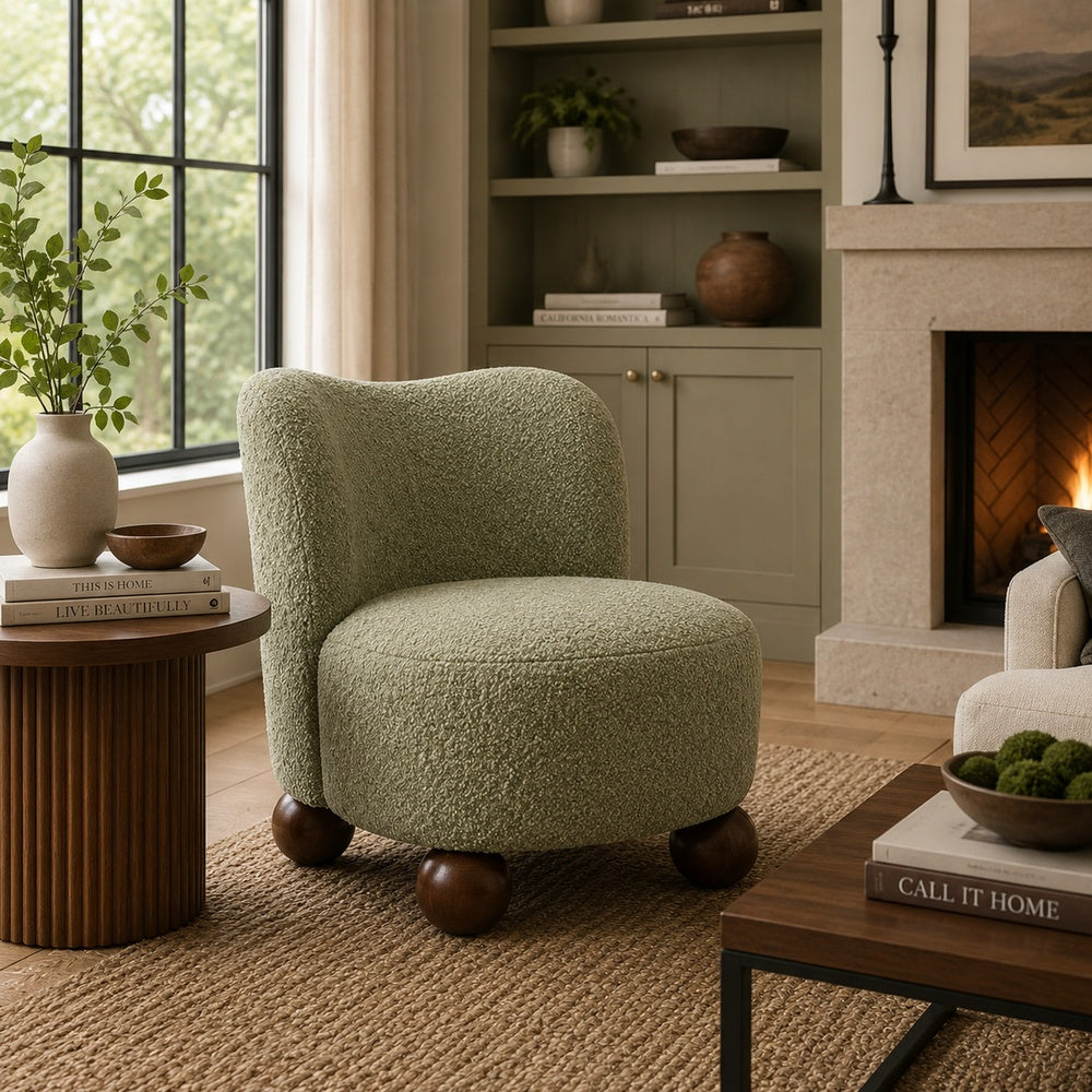 Dave Armless Accent Chair with Wooden Ball Feet | Green Boucle Fabric