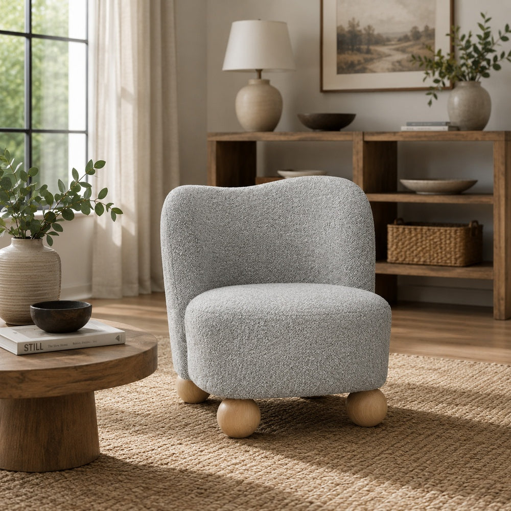 Dave Armless Accent Chair with Wooden Ball Feet | Gray Boucle Fabric