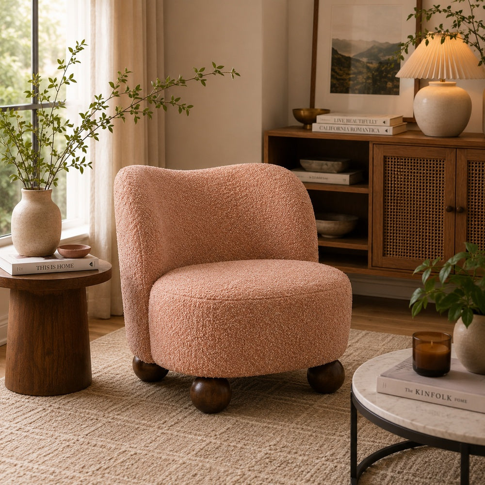 Dave Armless Accent Chair with Wooden Ball Feet | Pink Boucle Fabric