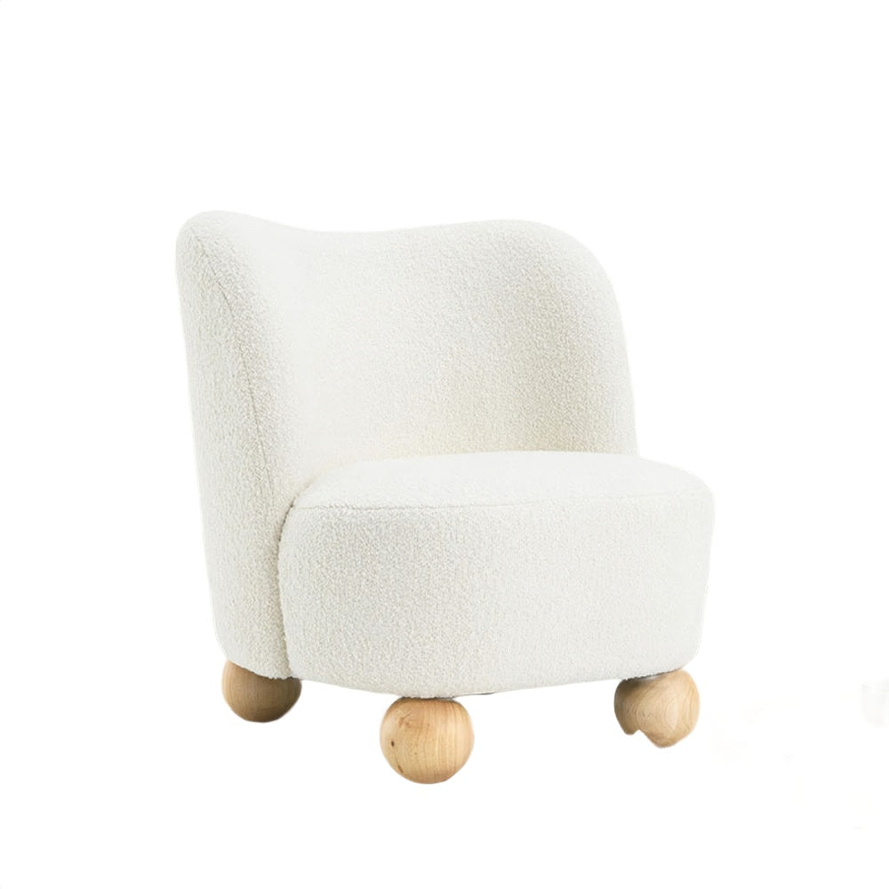 Dave Armless Accent Chair with Wooden Ball Feet | White Boucle Fabric