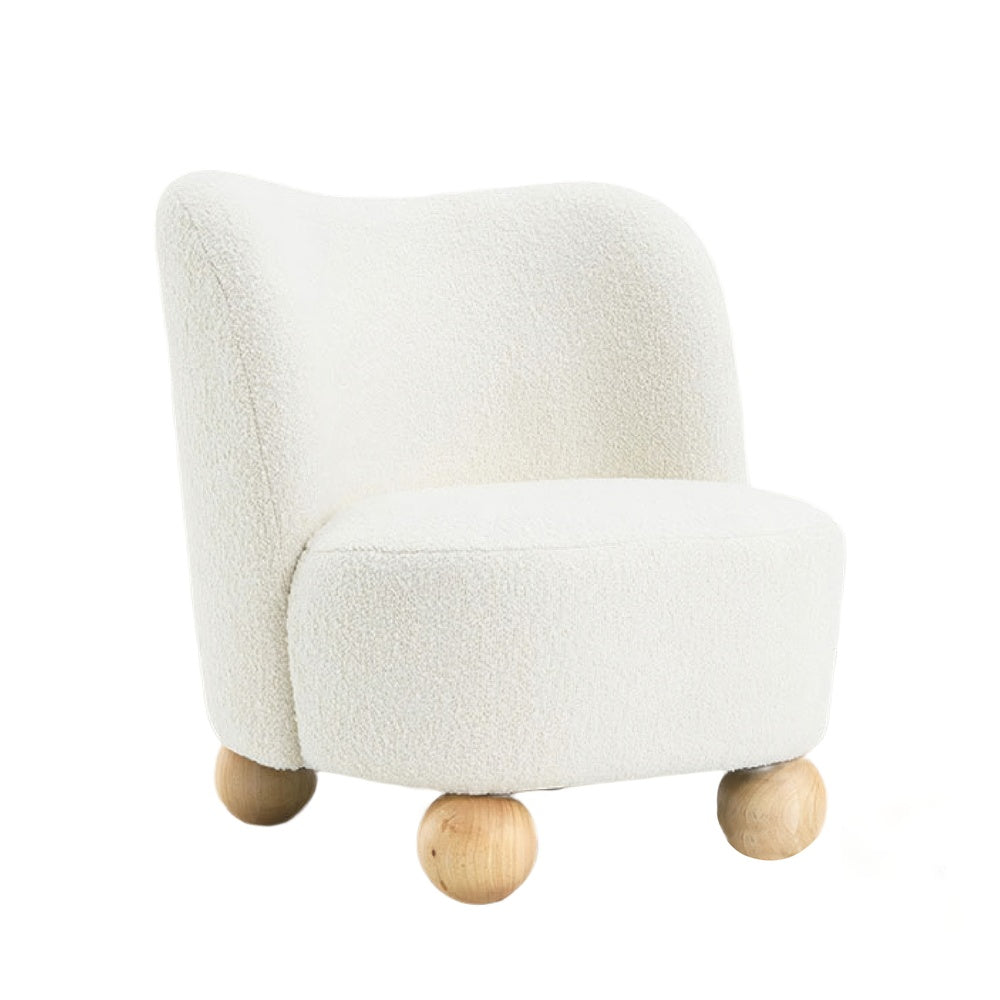 Dave Armless Accent Chair with Wooden Ball Feet | White Boucle Fabric