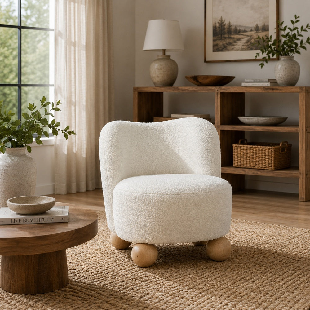 Dave Armless Accent Chair with Wooden Ball Feet | White Boucle Fabric