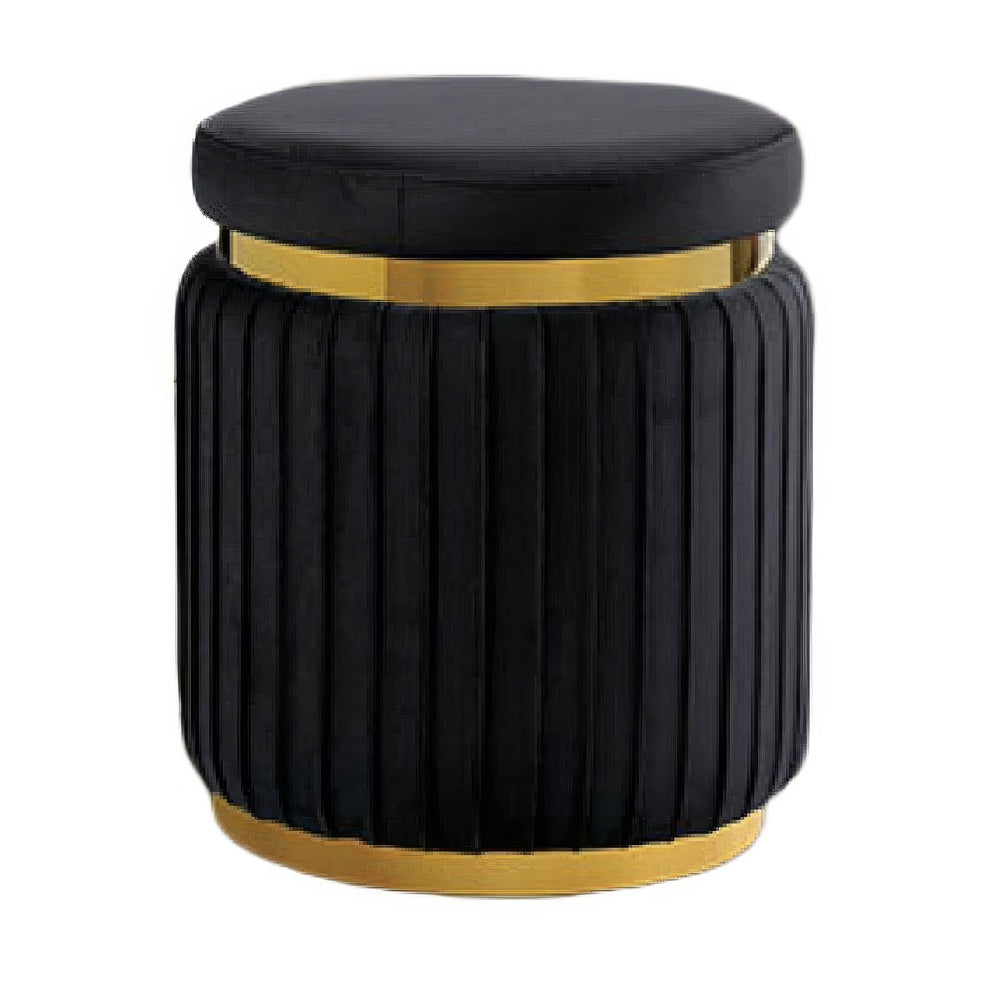 Karie Ottoman Stool | Gold Trim | Vertical Channel Design | Black Fabric