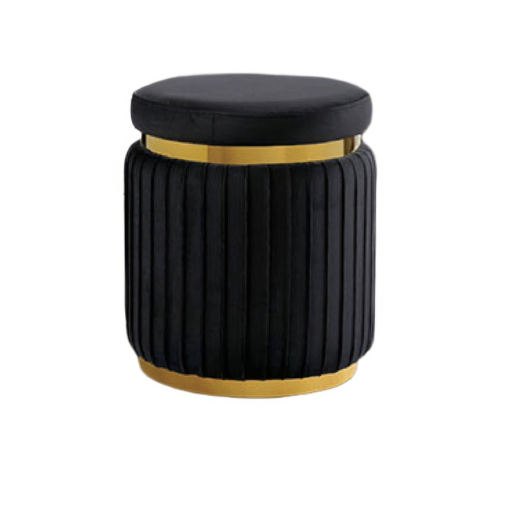 Karie Ottoman Stool | Gold Trim | Vertical Channel Design | Black Fabric