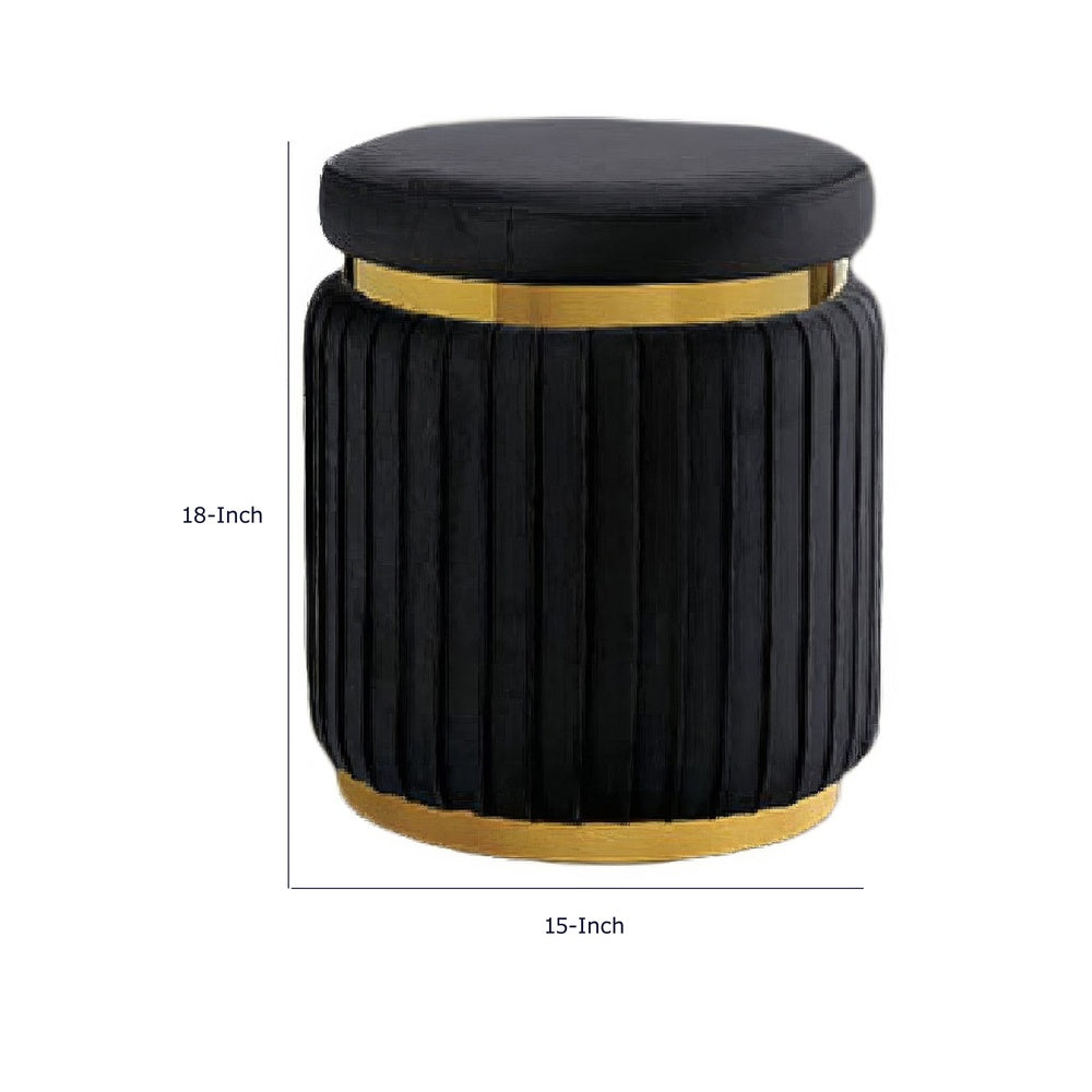 Karie Ottoman Stool | Gold Trim | Vertical Channel Design | Black Fabric
