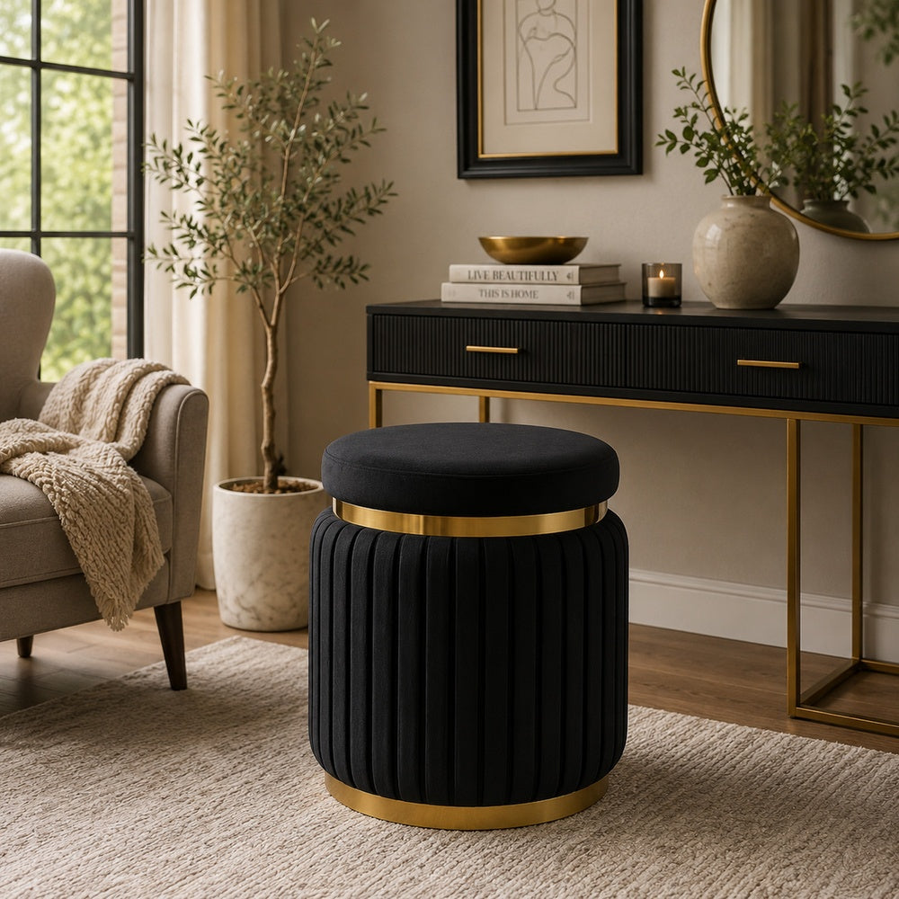 Karie Ottoman Stool | Gold Trim | Vertical Channel Design | Black Fabric