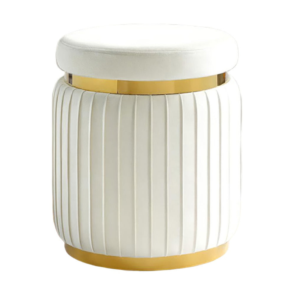 Karie Ottoman Stool | Gold Trim | Vertical Channel Design | White Fabric