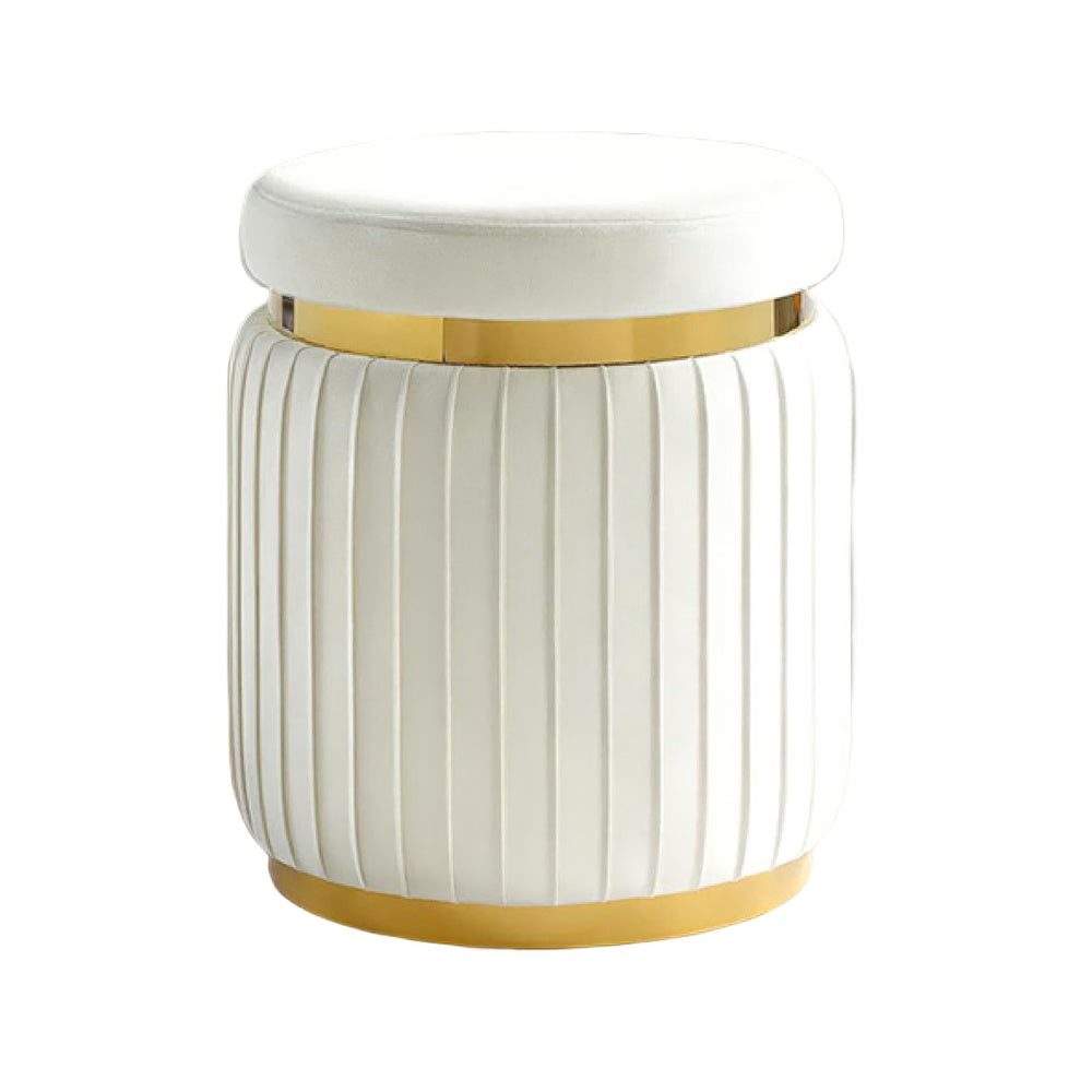 Karie Ottoman Stool | Gold Trim | Vertical Channel Design | White Fabric