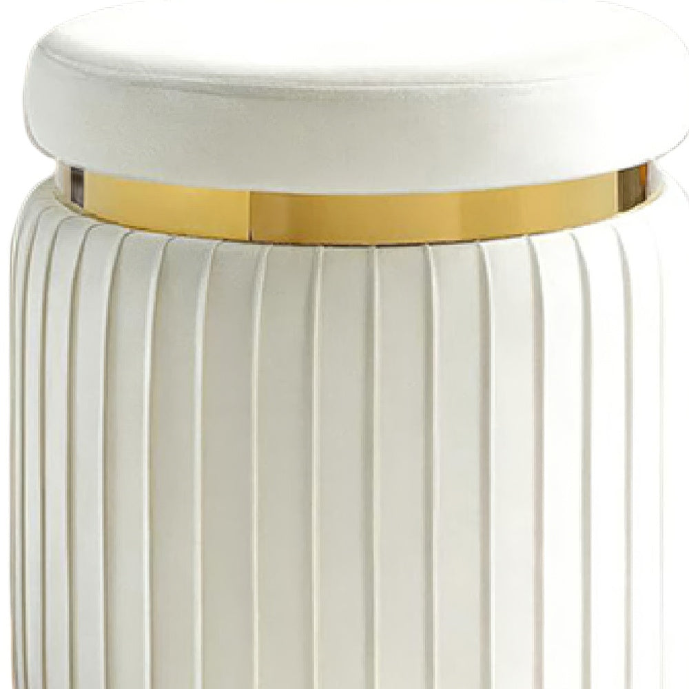 Karie Ottoman Stool | Gold Trim | Vertical Channel Design | White Fabric