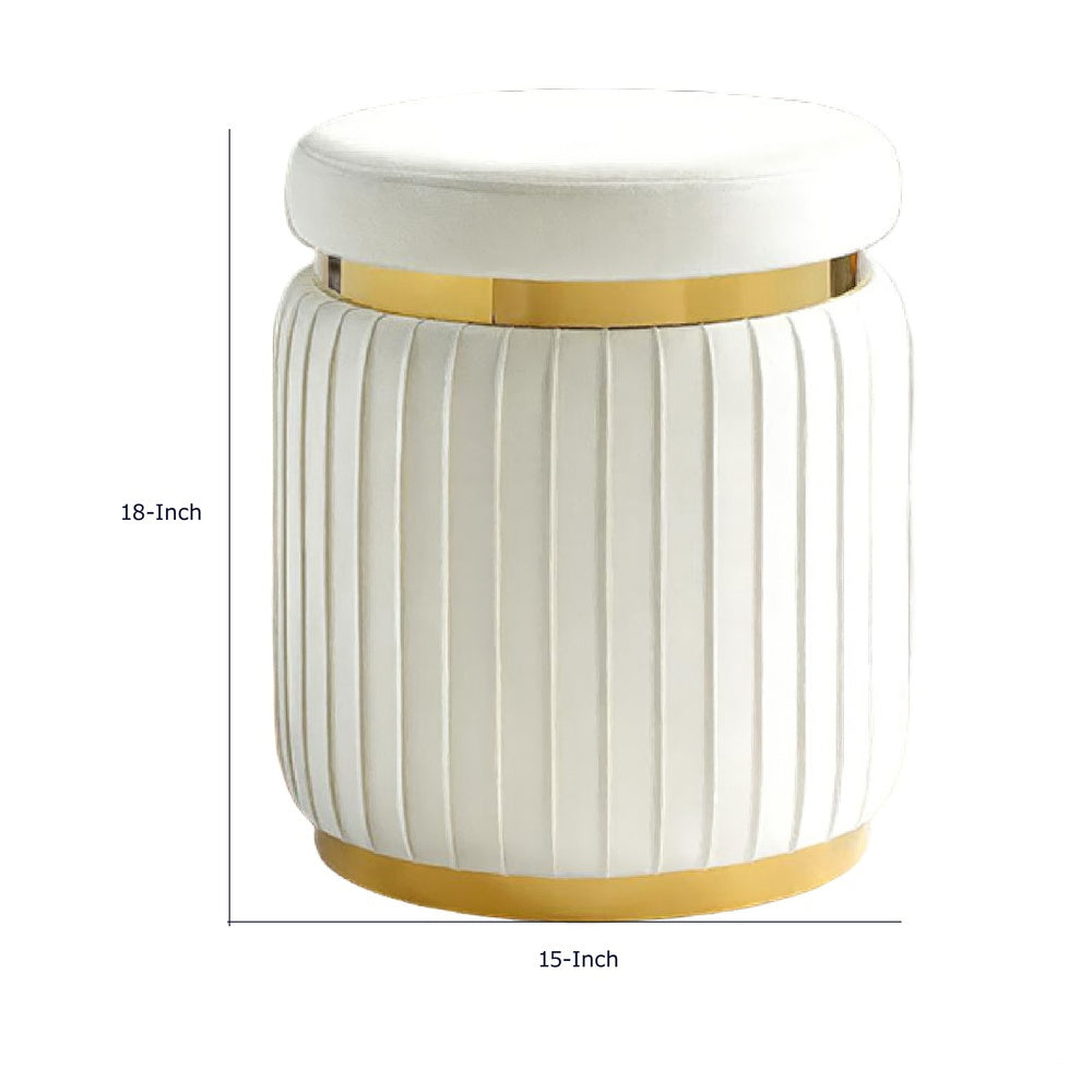Karie Ottoman Stool | Gold Trim | Vertical Channel Design | White Fabric