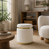 Karie Ottoman Stool | Gold Trim | Vertical Channel Design | White Fabric