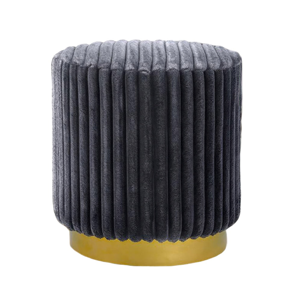 Zelda Ottoman Stool with Gold Steel Plinth Base | Gray Channeled Fabric