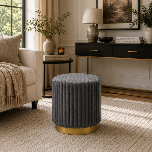 Zelda Ottoman Stool with Gold Steel Plinth Base | Gray Channeled Fabric