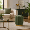 Zelda Ottoman Stool | Gold Steel Plinth Base | Green Channeled Fabric
