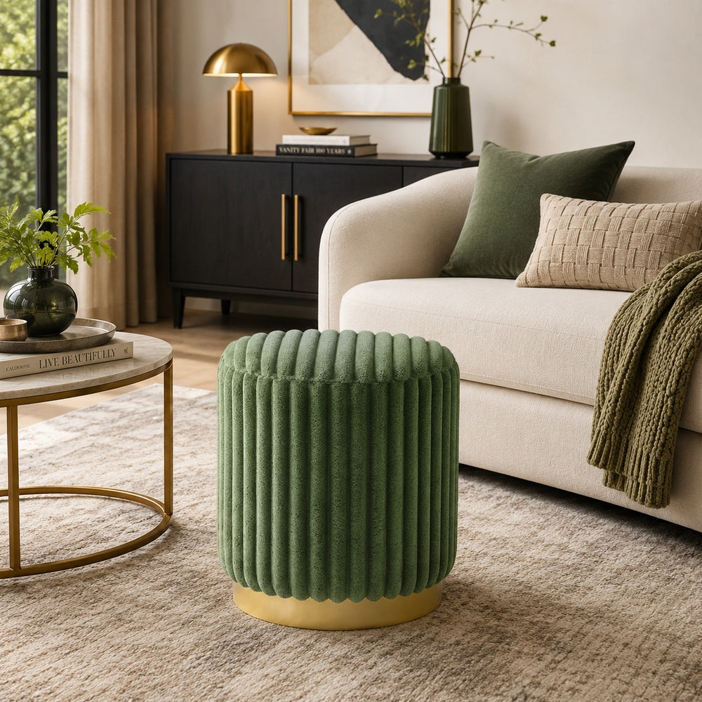 Zelda Ottoman Stool | Gold Steel Plinth Base | Green Channeled Fabric