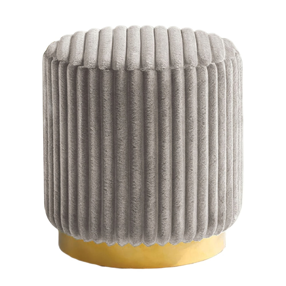 Zelda Ottoman Stool with Gold Steel Plinth Base | Gray Channeled Fabric