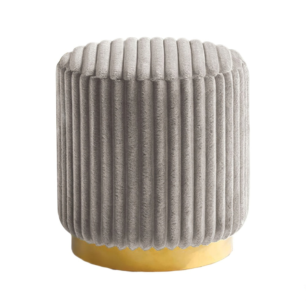 Zelda Ottoman Stool with Gold Steel Plinth Base | Gray Channeled Fabric
