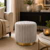 Zelda Ottoman Stool with Gold Steel Plinth Base | Gray Channeled Fabric
