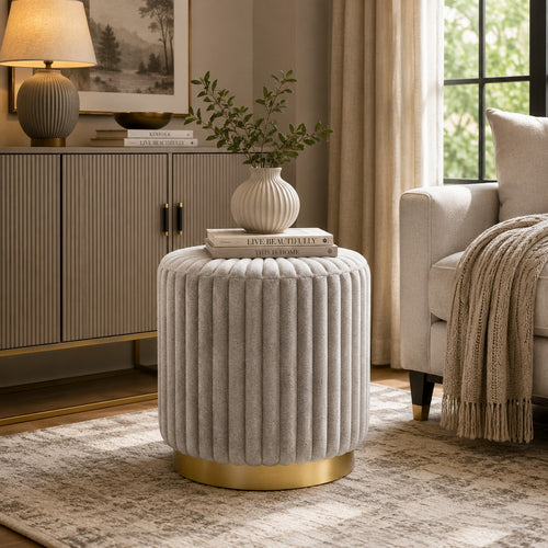 Zelda Ottoman Stool with Gold Steel Plinth Base | Gray Channeled Fabric