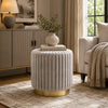 Zelda Ottoman Stool with Gold Steel Plinth Base | Gray Channeled Fabric