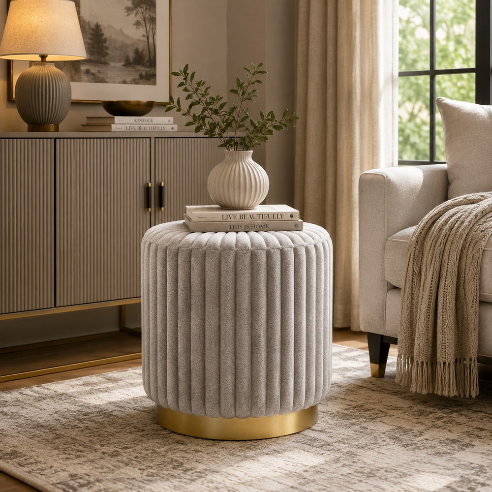 Zelda Ottoman Stool with Gold Steel Plinth Base | Gray Channeled Fabric
