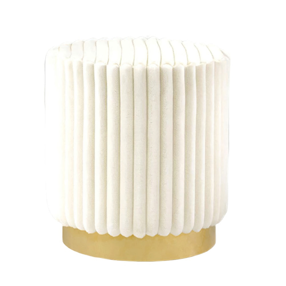 Zelda Ottoman Stool | Gold Steel Plinth Base | Beige Channeled Fabric