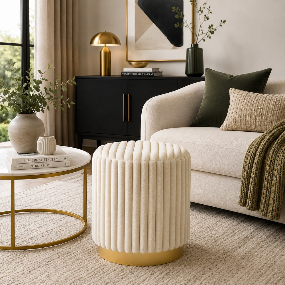 Zelda Ottoman Stool | Gold Steel Plinth Base | Beige Channeled Fabric