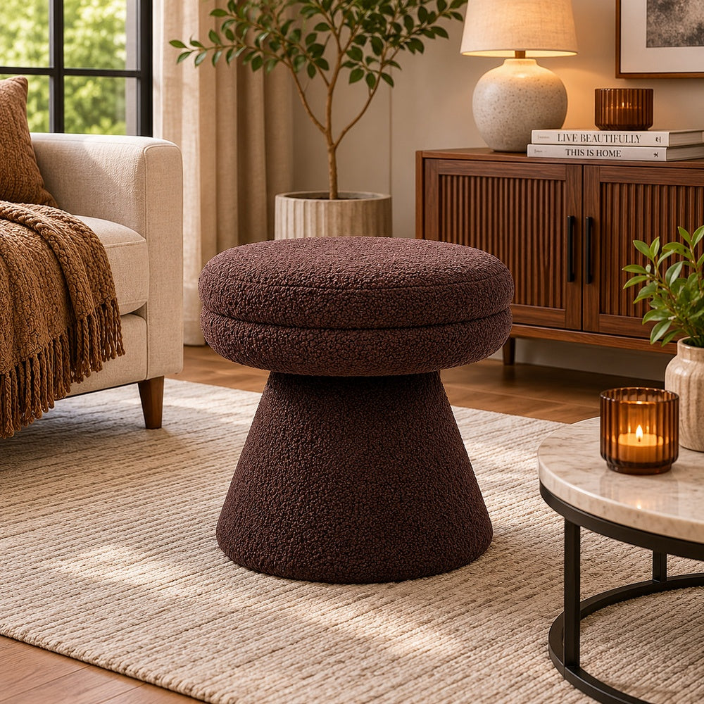 Xyna Mushroom-shaped Ottoman Stool with Pedestal Base | Brown Fabric