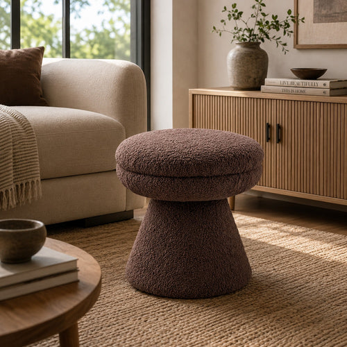 Xyna Mushroom-shaped Ottoman Stool with Pedestal Base | Brown Fabric