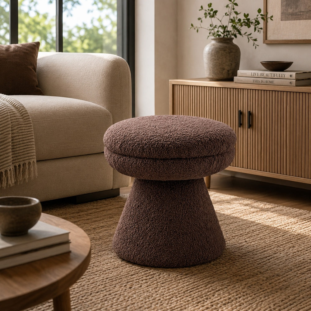 Xyna Mushroom-shaped Ottoman Stool with Pedestal Base | Brown Fabric
