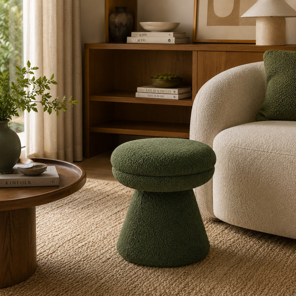 Xyna Mushroom-shaped Ottoman Stool with Pedestal Base | Green Fabric