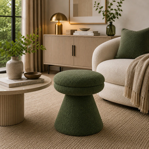 Xyna Mushroom-shaped Ottoman Stool with Pedestal Base | Green Fabric
