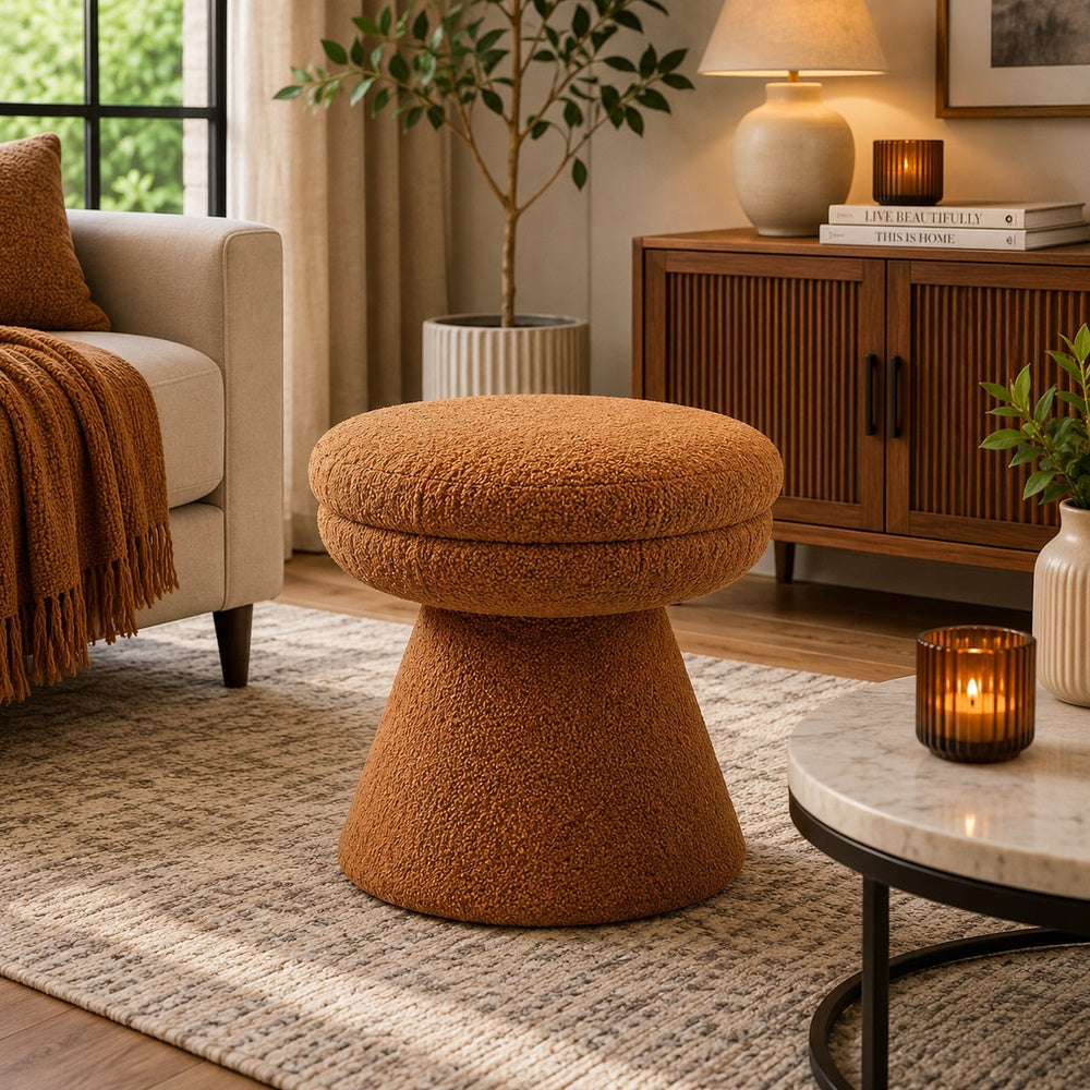 Xyna Mushroom-shaped Ottoman Stool | Pedestal Base | Saddle Brown Fabric