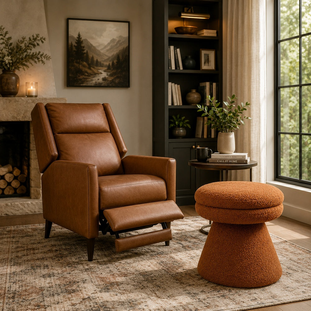 Xyna Mushroom-shaped Ottoman Stool | Pedestal Base | Saddle Brown Fabric