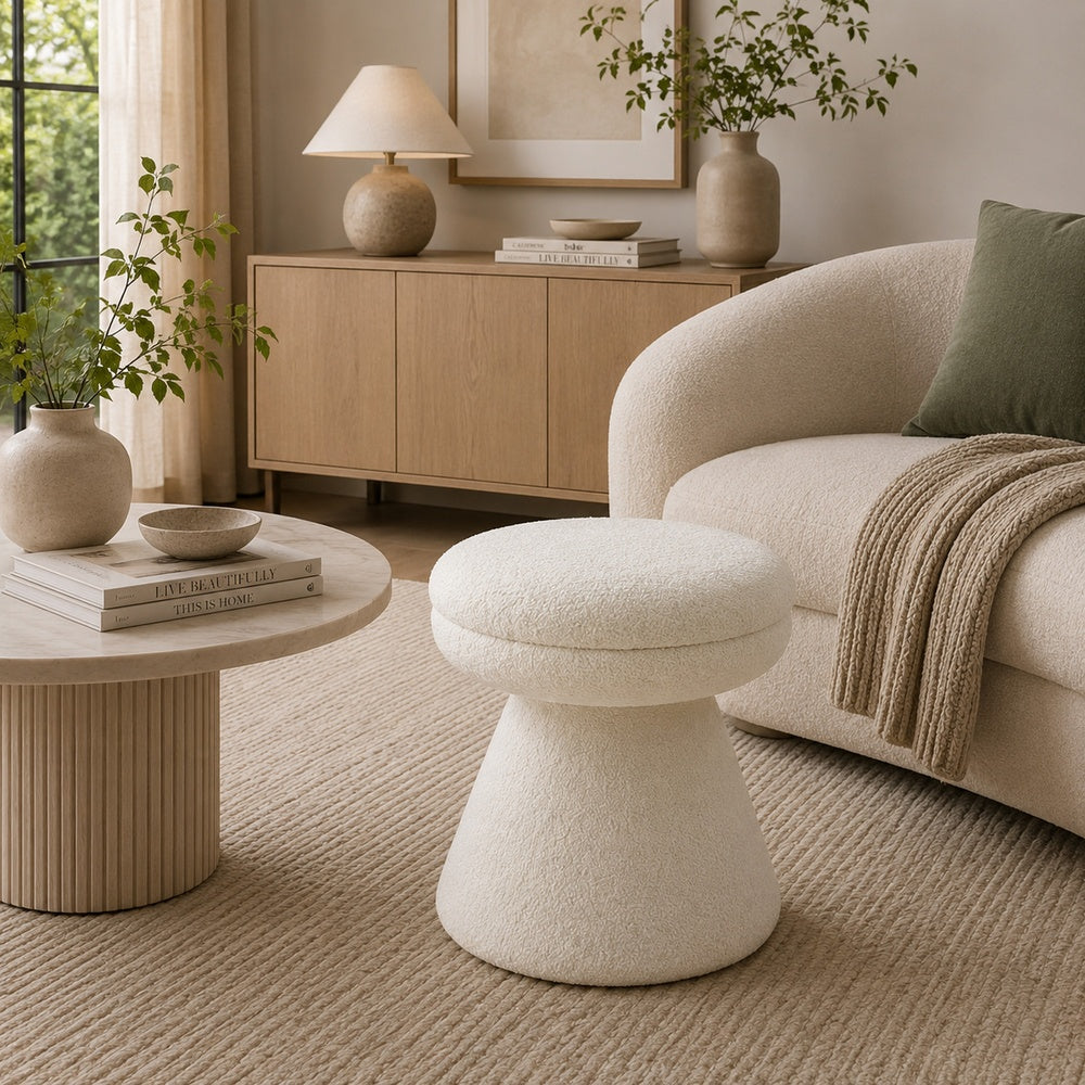 Xyna Mushroom-shaped Ottoman Stool with Pedestal Base | Beige Fabric