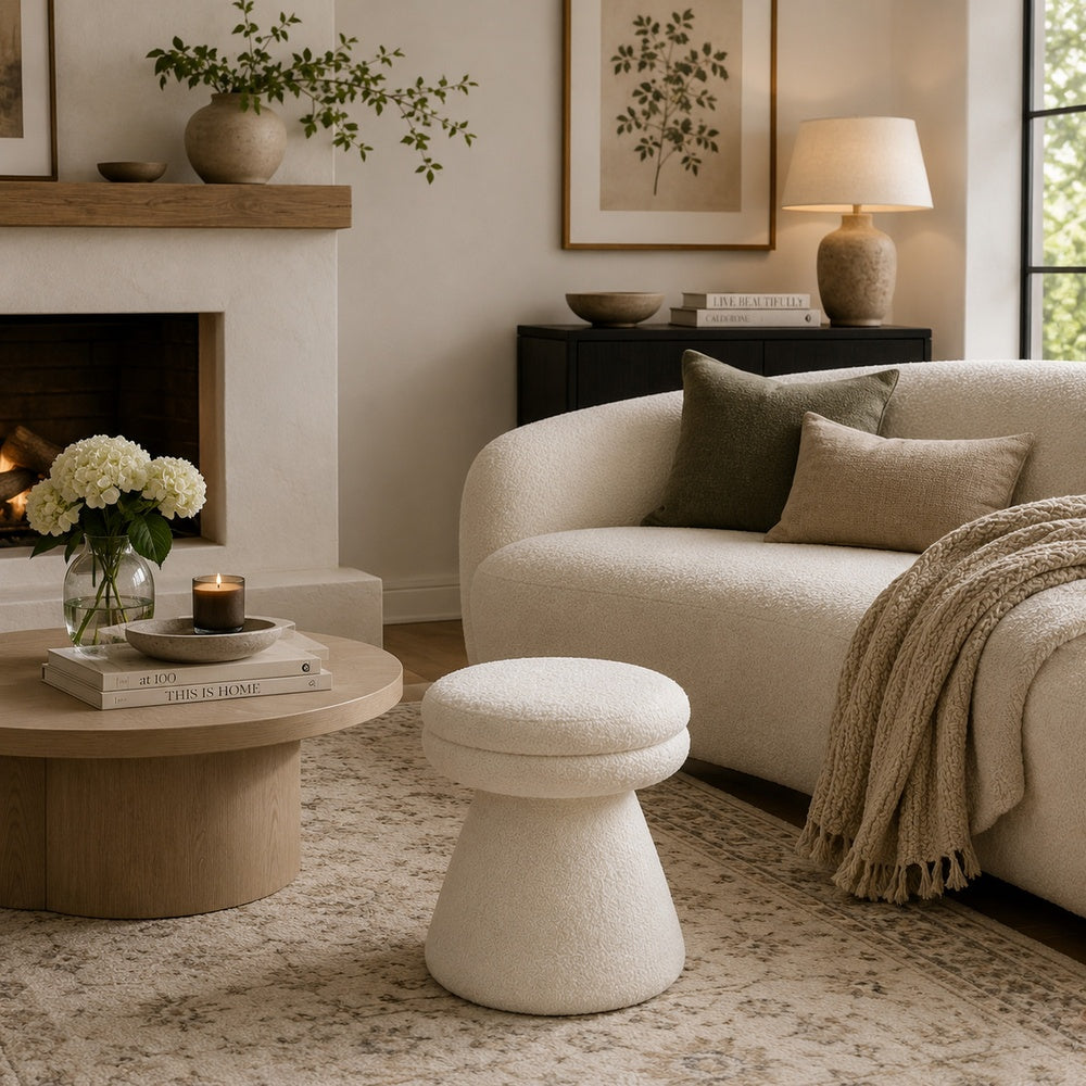 Xyna Mushroom-shaped Ottoman Stool with Pedestal Base | Beige Fabric