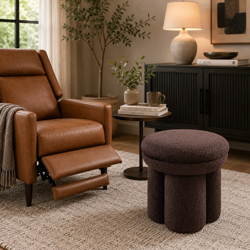 Ian Ottoman Stool | Mushroom-like Design | Pedestal Base | Brown Fabric