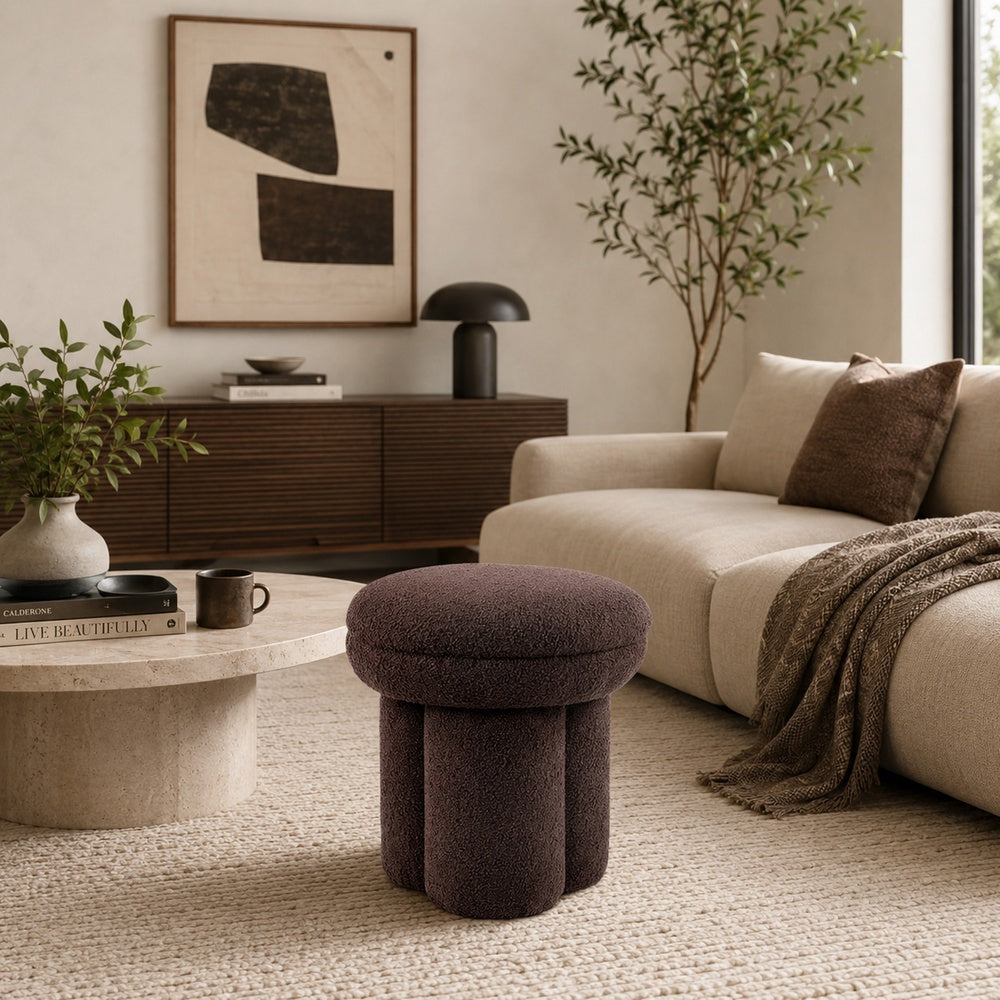 Ian Ottoman Stool | Mushroom-like Design | Pedestal Base | Brown Fabric