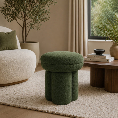 Ian Ottoman Stool | Mushroom-like Design | Pedestal Base | Green Fabric