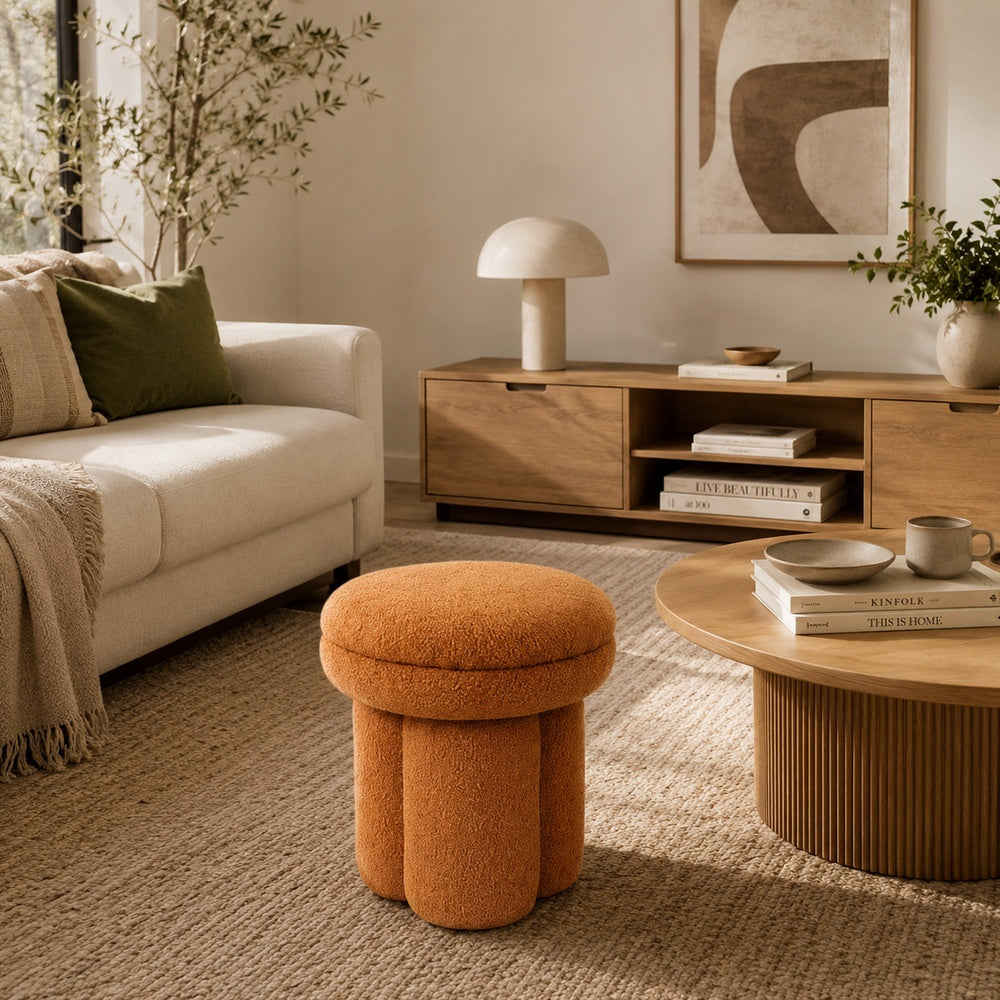Ian Ottoman Stool | Mushroom-like Design | Pedestal Base | Brown Fabric