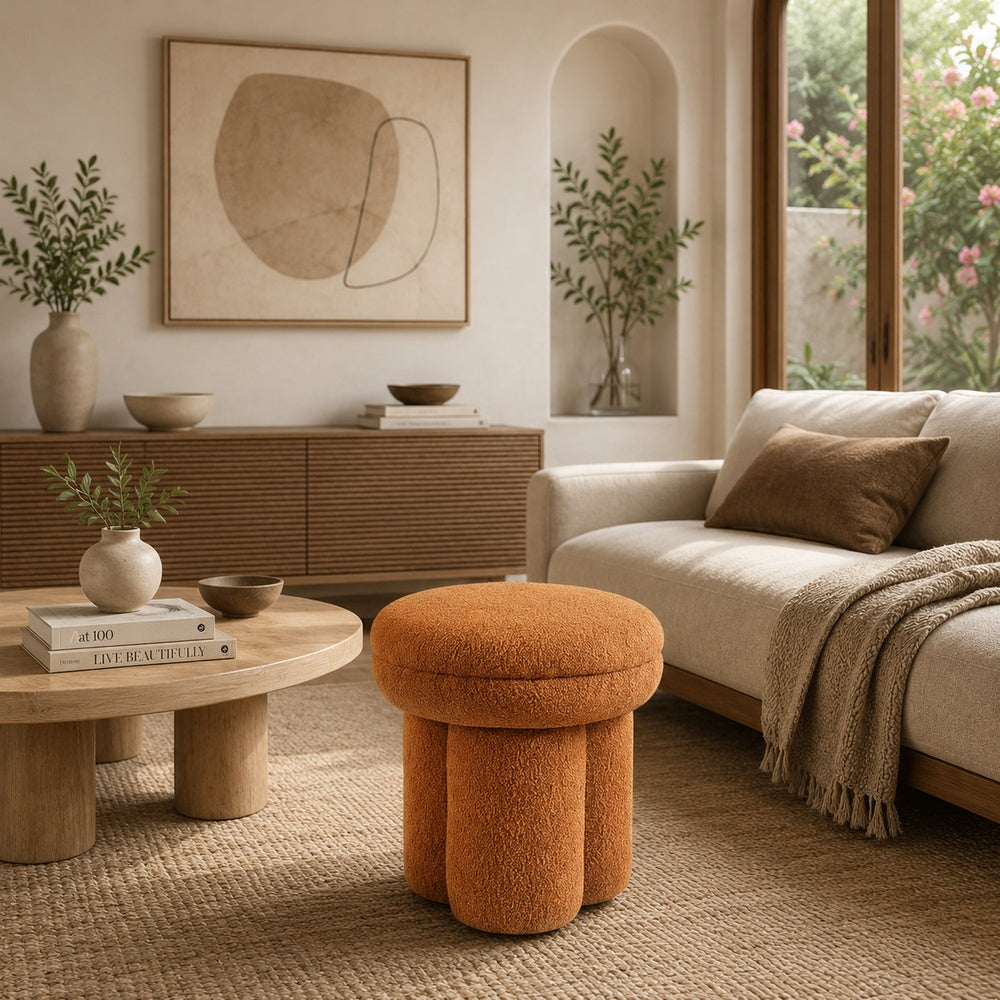 Ian Ottoman Stool | Mushroom-like Design | Pedestal Base | Brown Fabric