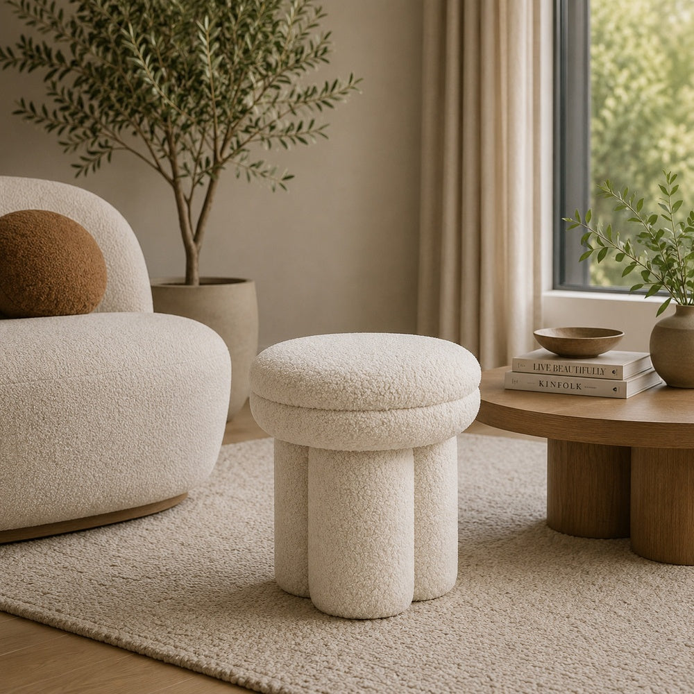 Ian Ottoman Stool | Mushroom-like Design | Pedestal Base | Beige Fabric