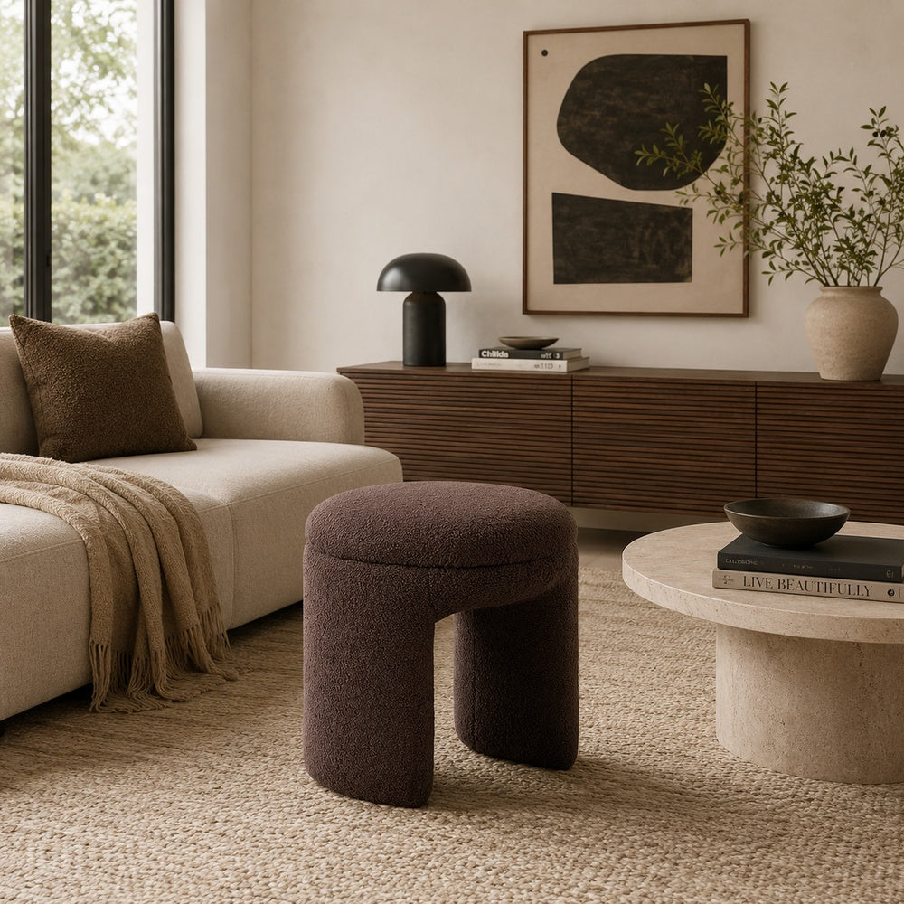 Janie Rounded Ottoman Stool with Open Frame Base | Brown Fabric