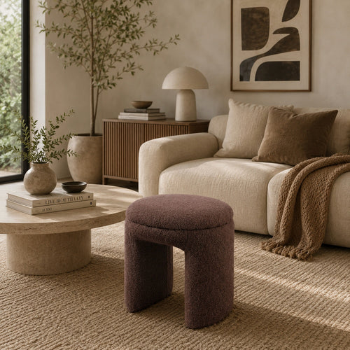 Janie Rounded Ottoman Stool with Open Frame Base | Brown Fabric