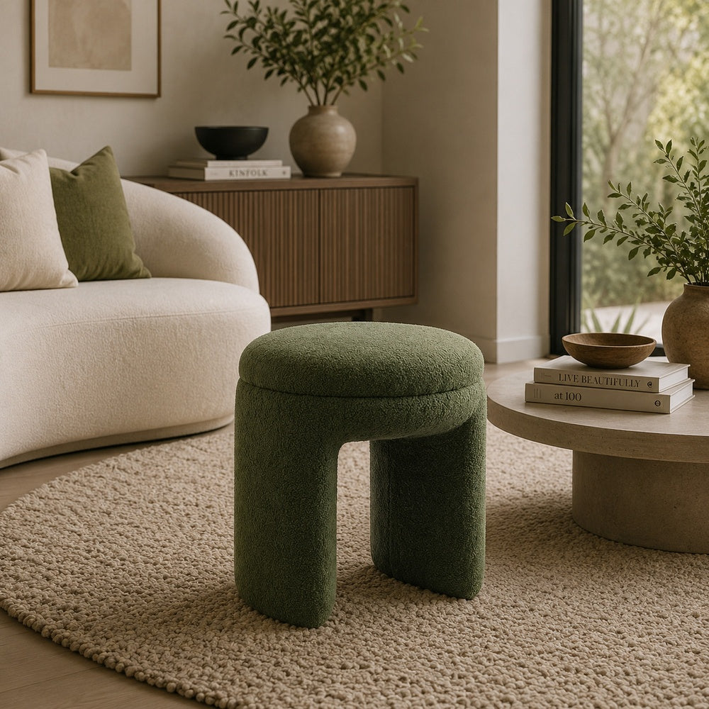 Janie Rounded Ottoman Stool with Open Frame Base | Green Fabric