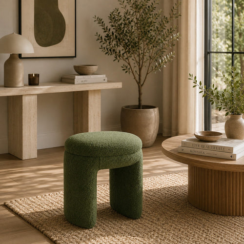 Janie Rounded Ottoman Stool with Open Frame Base | Green Fabric