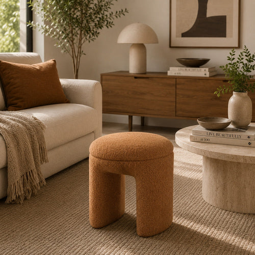 Janie Rounded Ottoman Stool with Open Frame Base | Saddle Brown Fabric